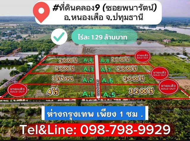 ที่ดินคลอง9 (ซ.พนารัตน์) รังสิต ปทุมธานี ไร่ละ 1.29 ล้านบาท