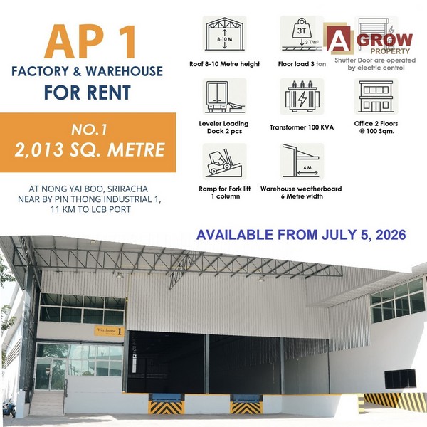 ให้เช่าโรงงาน/โกดัง ขนาด 2,013 ตร.ม. อำเภอศรีราชา จังหวัดชลบุรี