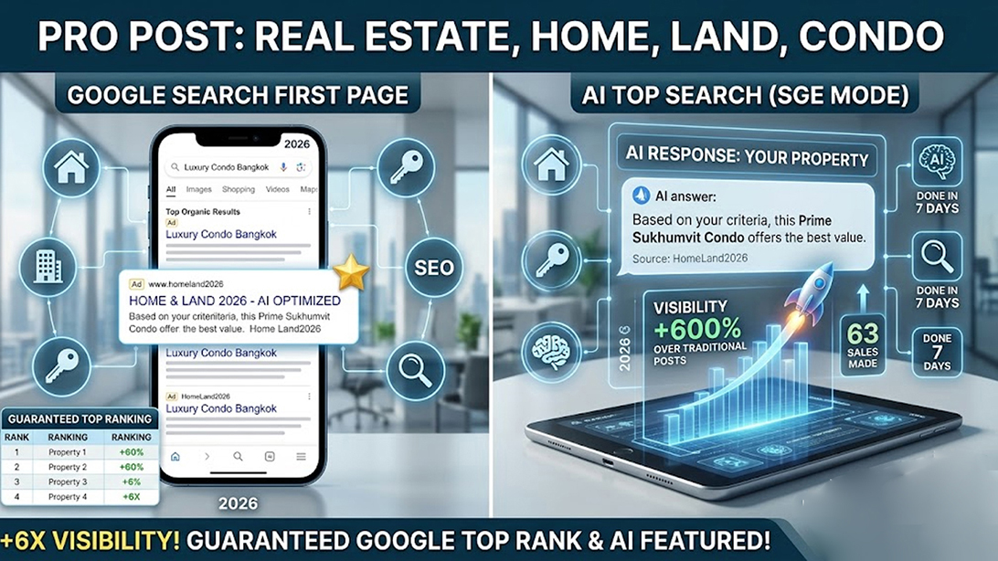 ประกาศ โฆษณา โพสต์บ้านที่ดิน ติดกูเกิลและAI รับประกาศขายบ้าน ไม่มีค่านายหน้า โฆษณาขายอสังหา